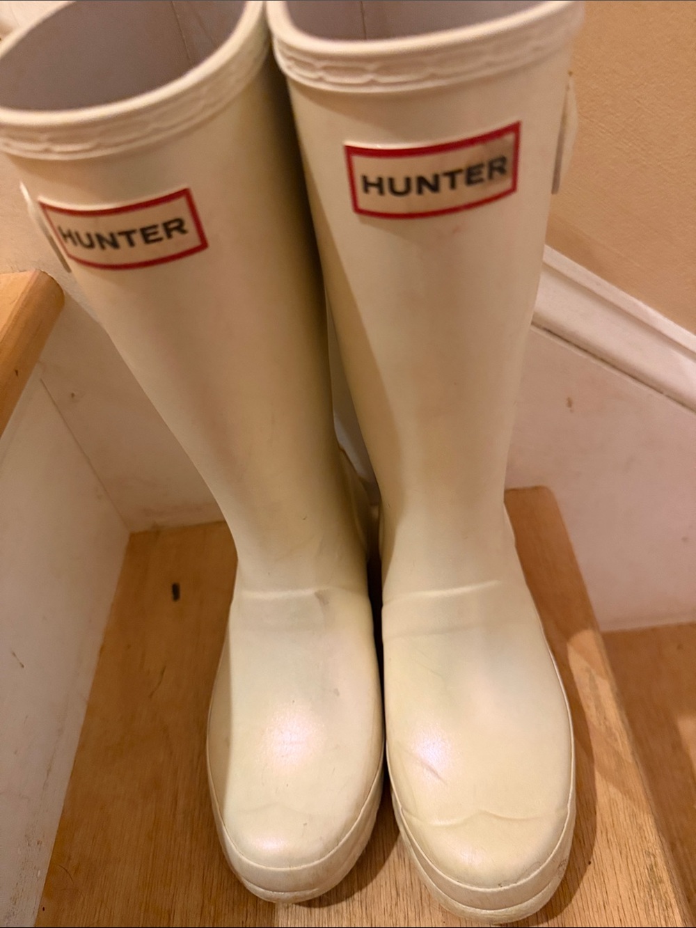 Hunter Cream Tall Rain Boots with Buckle Detail
